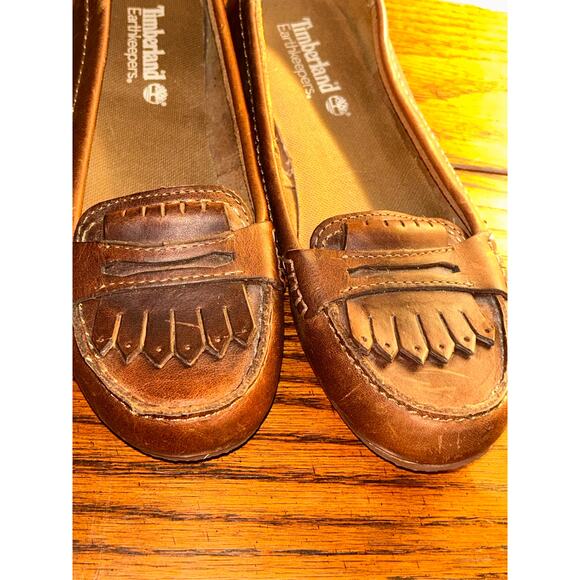 Timberland Preppy Distressed Boho Hippie Brown Fringe Leather Penny Loafers - Picture 11 of 12